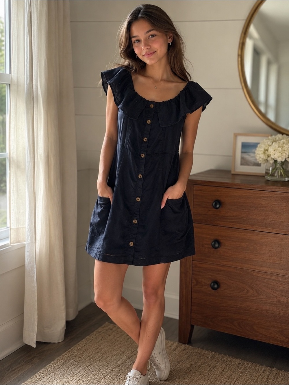 Abercrombie & Fitch Navy Ruffle-Trim Button Mini Dress